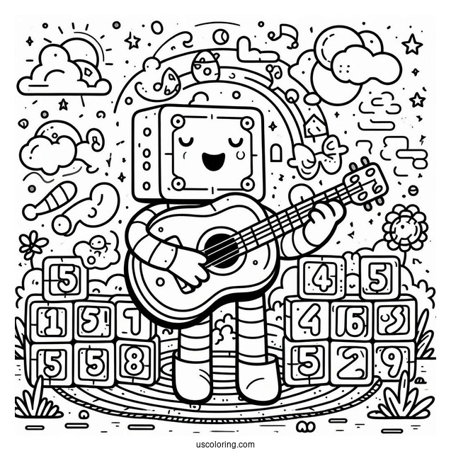 Numberblocks Coloring Page 50 Playing Guitar