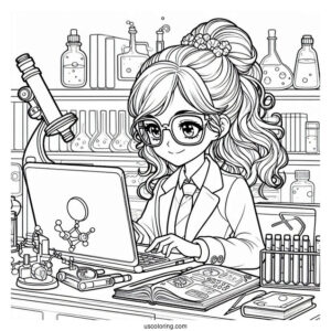 Nerdy Girl Studying Science Coloring Page On Her Laptop For Kids