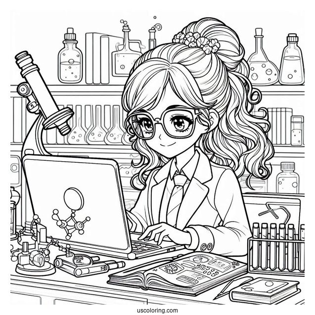 Nerdy Girl Studying Science Coloring Page On Her Laptop For Kids