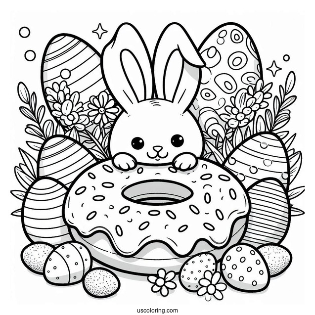 Easter Bunny Donut Coloring Page Surrounded By Eggs