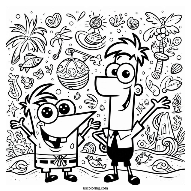 Happy Phineas And Ferb Coloring Page For Kids