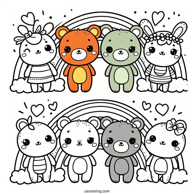 Cute Orange, Green, Blue, And Red Rainbow Friends Coloring Page