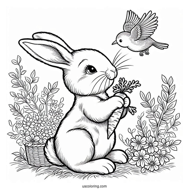Peter Rabbit Coloring Page Nibbling On A Carrot While Looking Up At A Bird