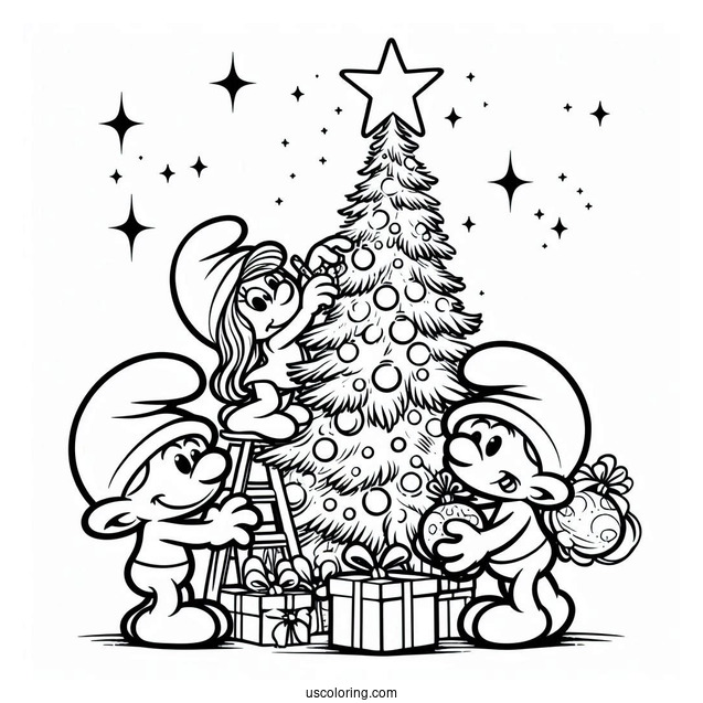 The Smurfs Decorating Christmas Tree Coloring Page