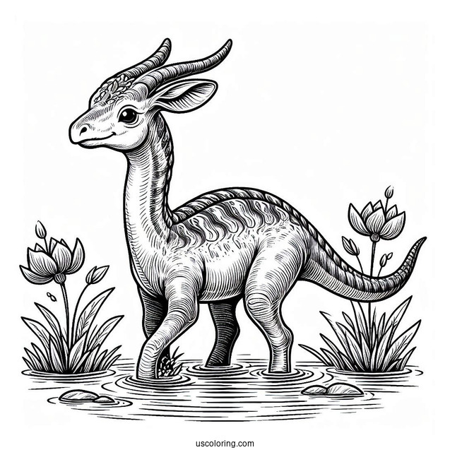 Detailed Parasaurolophus Coloring Page In The Water