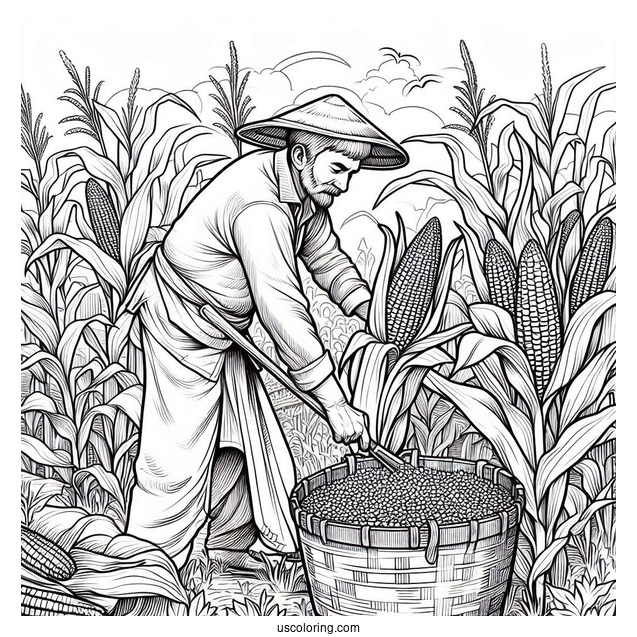 Easy To Color Picture Of Farmer Harvesting Corn