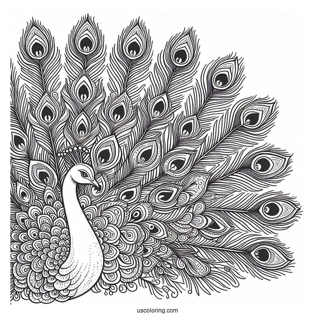 Full Page Peacock Coloring Page Close Up With Large Ornate Tail Feathers