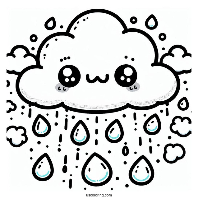 Rain Coloring Page Of Kawaii Raindrops Falling From Cloud For Preschoolers