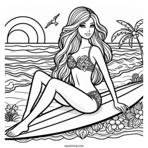 Surfer Barbie At Beach To Color