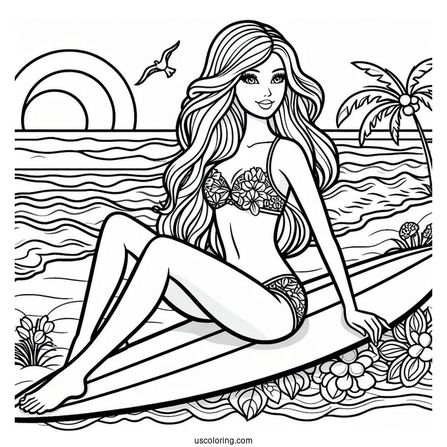 Surfer Barbie At Beach To Color