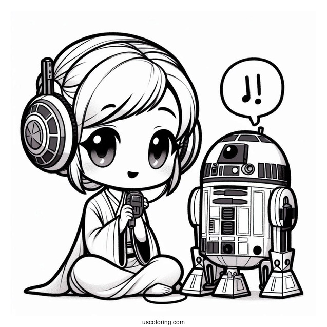 Chibi Princess Leia Recording Message Through R2-D2 Coloring Page