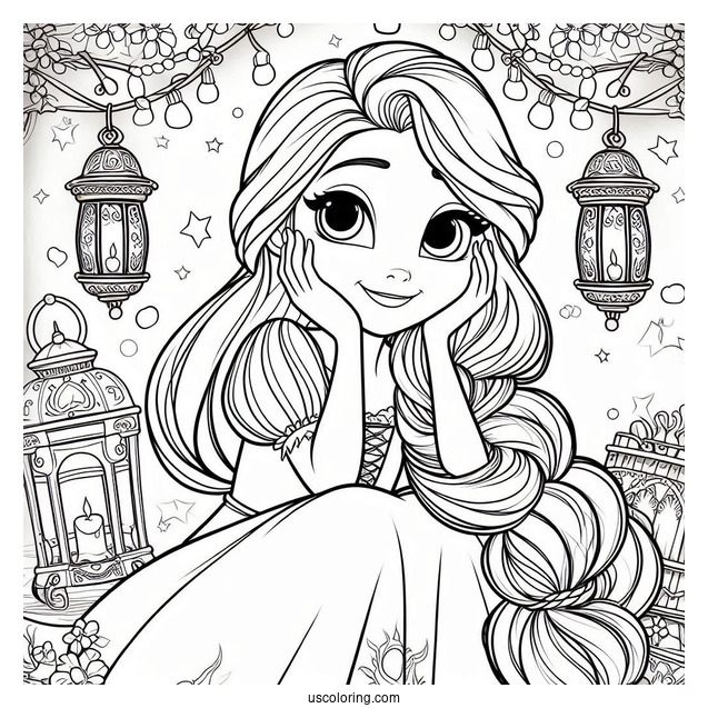 Princess Coloring Page Of Tangled Princess Rapunzel With Lanterns In Background