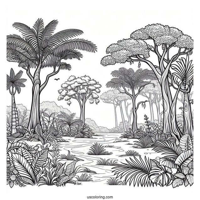 Jungle Coloring Page Of Trees And Vegetation