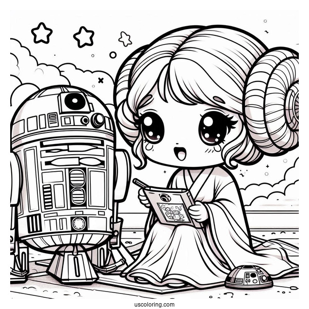 Chibi Princess Leia Recording Message Through R2-D2 Coloring Page