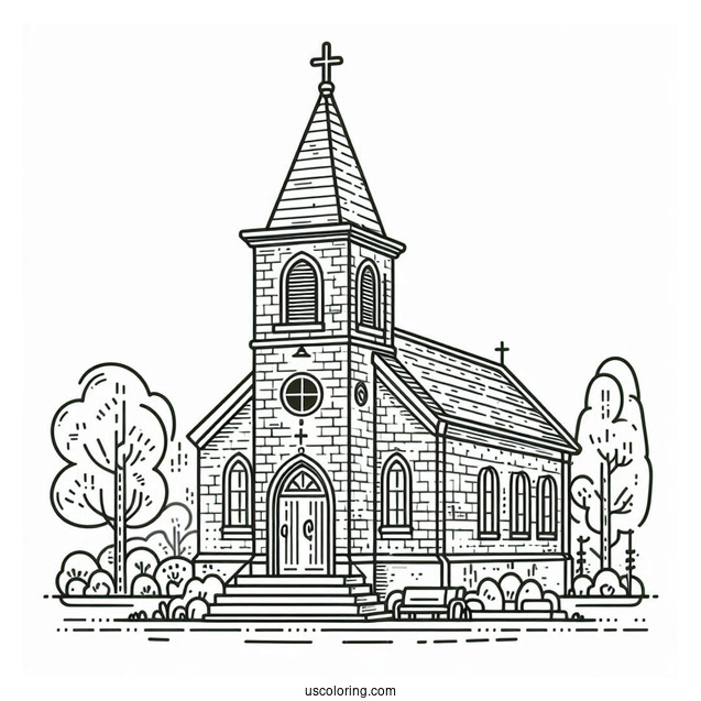 Cute Brick Church Coloring Page With A Tower For Kids