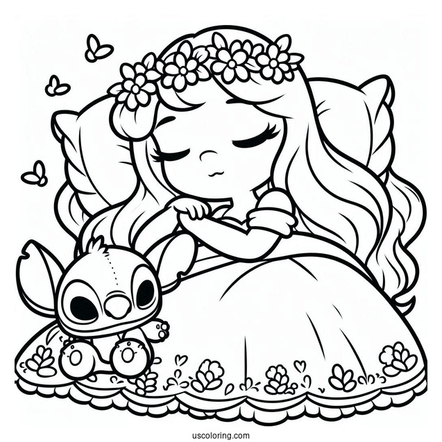 Sleeping Beauty Coloring Page Of Kawaii Stitch As Princess Aurora For Preschoolers