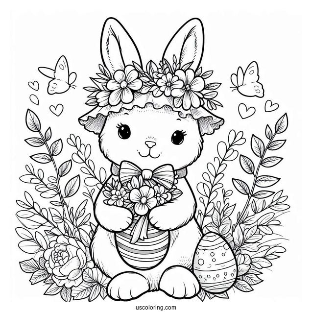 Cute Easter Bunny Coloring Page In Floral Cap Holding Flowers