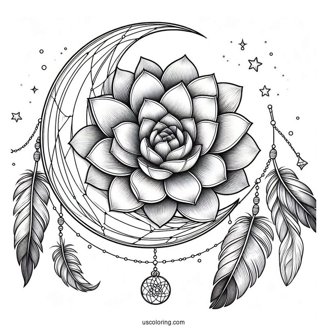 Succulent Coloring Page On A Crescent Moon Dreamcatcher