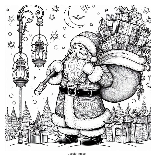 Santa Carrying Christmas Presents And Lanterns In The North Pole Coloring Page