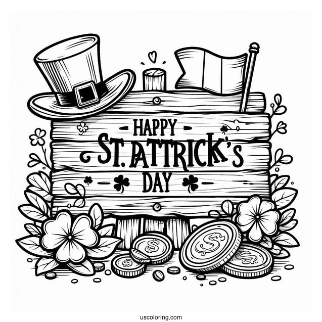 St. Patrick's Day Coloring Page Of St Patrick s Day Wooden Sign With Leprechaun Hat, Shamrocks, Irish Flag, And Gold Coins