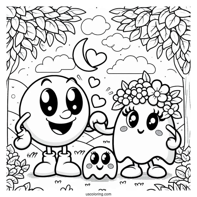 Pac Man With Mrs. Pac-Man Coloring Page And Baby In The Garden