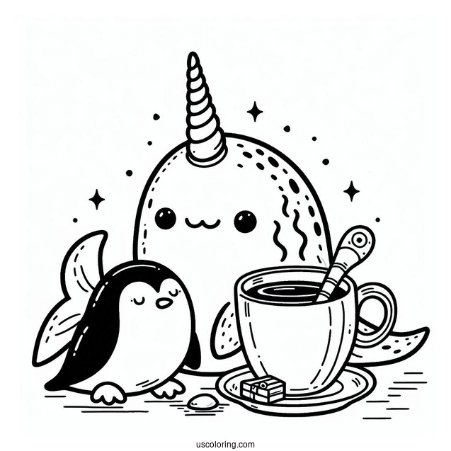 Narwhal Coloring Page Having Coffee With A Penguin