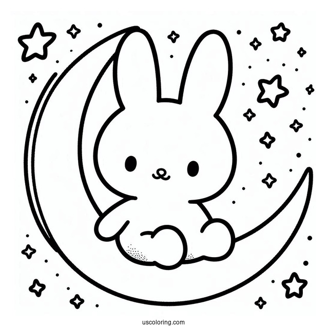 Kawaii Miffy Coloring Page Sitting On A Crescent Moon For Preschoolers
