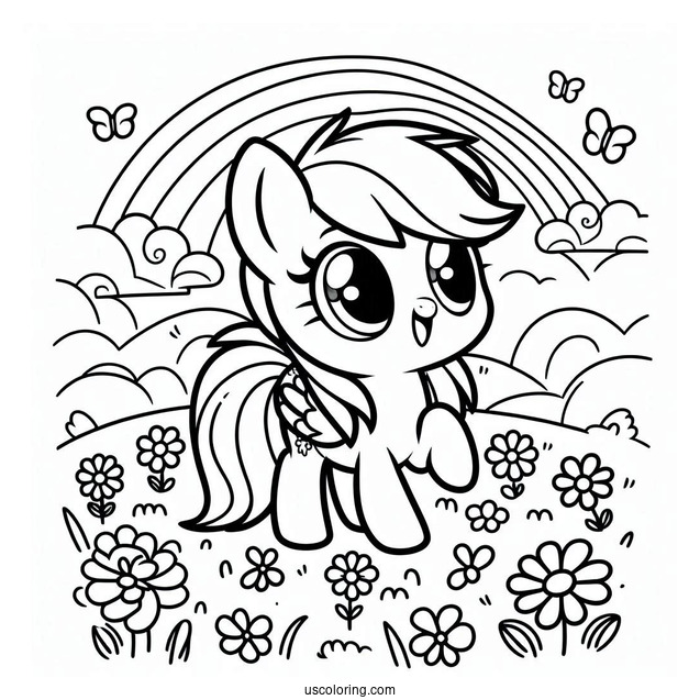 Kawaii Rainbow Dash Coloring Page In Flower Field For Preschoolers