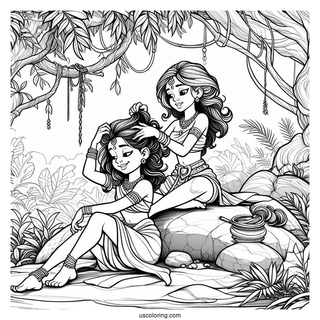Jungle Book Coloring Page Of Shanti Fixing Her Hair While Sitting On Rock