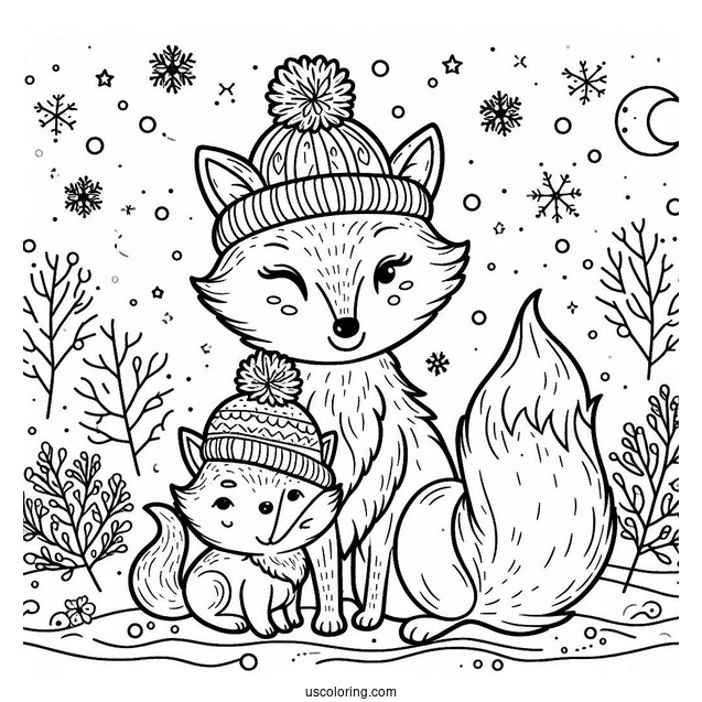 Mother Fox And Baby Fox In Winter Coloring Page For Kids