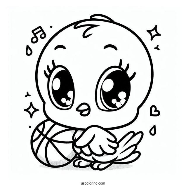 Kawaii Tweety Bird With Basketball Coloring Sheet For Preschoolers