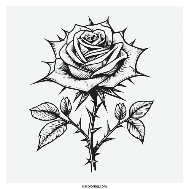 Flower Coloring Pages Of Blooming Rose With Thorns