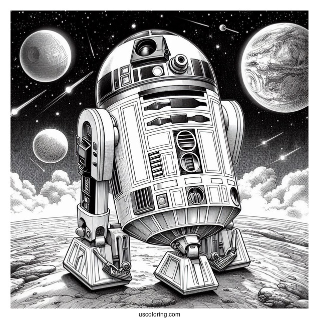 Realistic R2-D2 Coloring Page Outline On A Planet