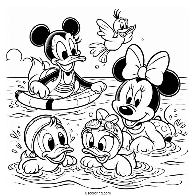Swimming Coloring Page Of Donald Duck, Daisy Duck, Mickey Mouse, And Minnie Mouse, With Pluto Playing In The Sea