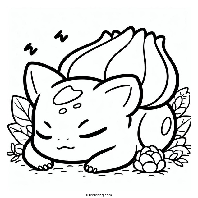 Kawaii Sleeping Bulbasaur Coloring Page
