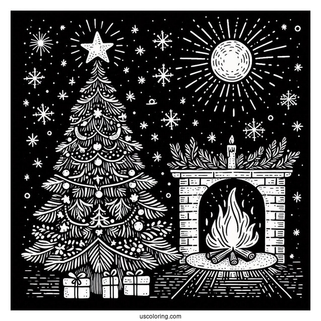 Christmas Tree With Star Next To Fire Place