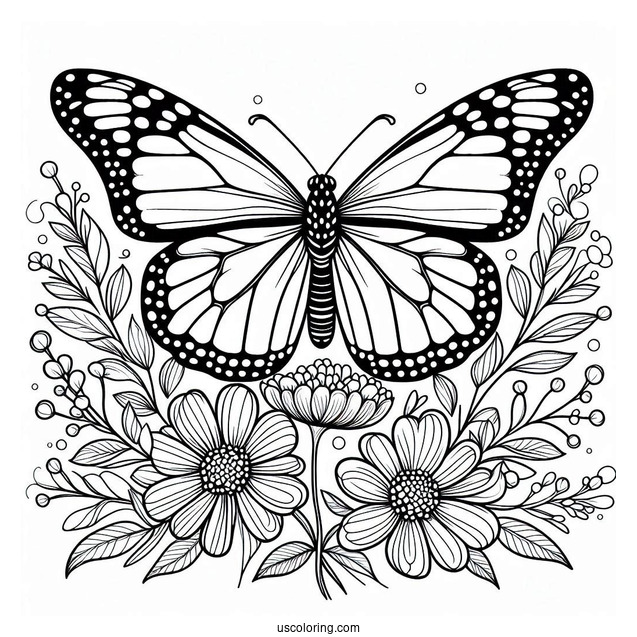 Monarch Butterfly Coloring Page Perched On Flowers