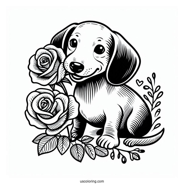Dachshund Coloring Page Biting Down Rose