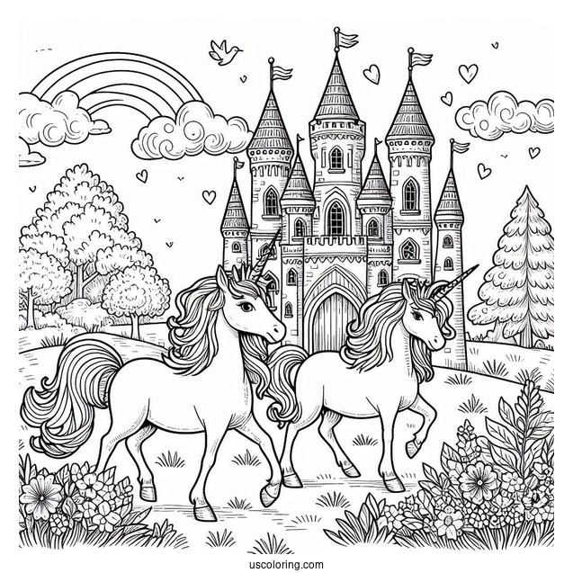 Unicorns Strolling Outside A Beautiful Castle Coloring Page