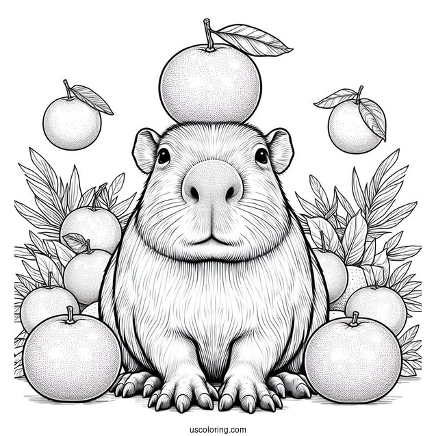 Serious Capybara Coloring Page Balancing Tangerines On Its Head