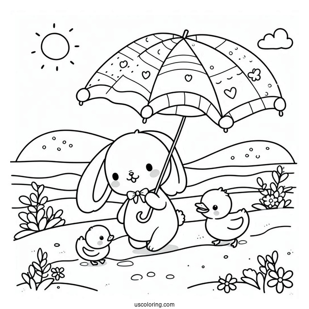 Cute Coloring Page Of Rabbit And Duck Walking Along The Beach Under An Umbrella