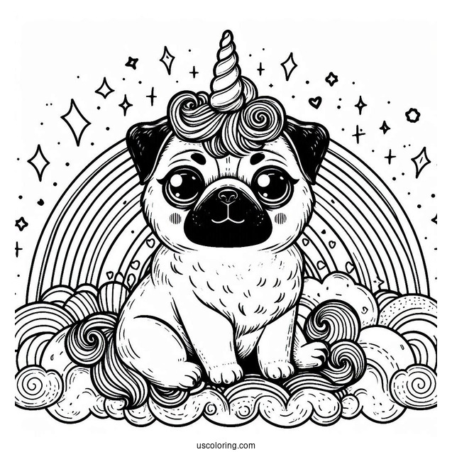 Magical Pug Coloring Page with Unicorn Horn and Rainbow Background