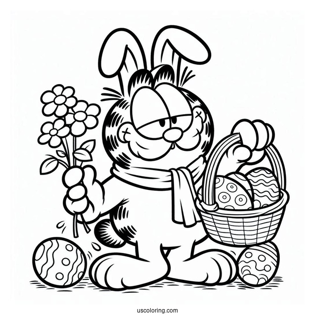 Easter Coloring Page Of Garfield Dressed As Easter Bunny With Basket Of Easter Eggs For Kids