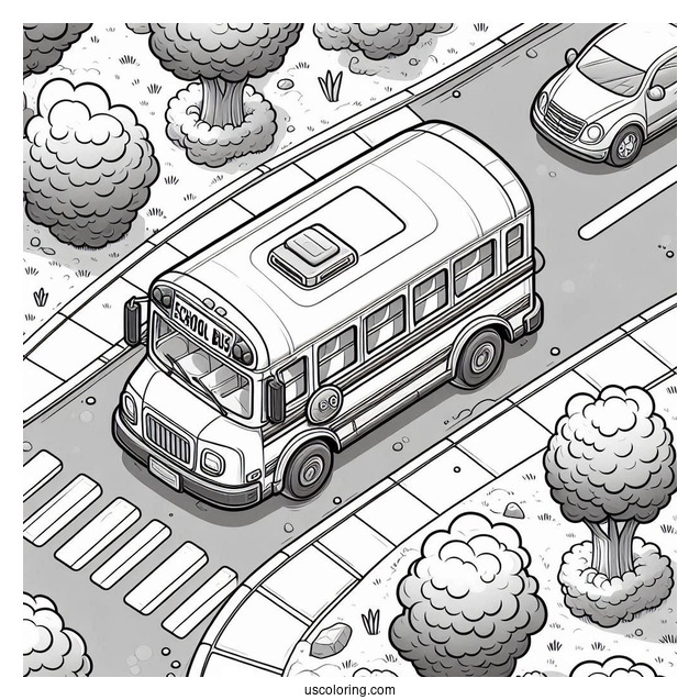 Top View Of Small School Bus Coloring Page On The Road