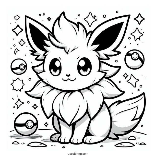 Cute Jolteon Coloring Page With Pokeballs In Background For Kids
