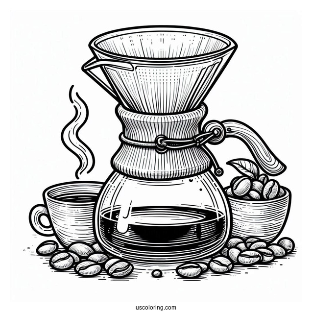 Coffee Coloring Pages Of Outline Of Chemex Coffee Maker With Filter And Bowl Of Beans