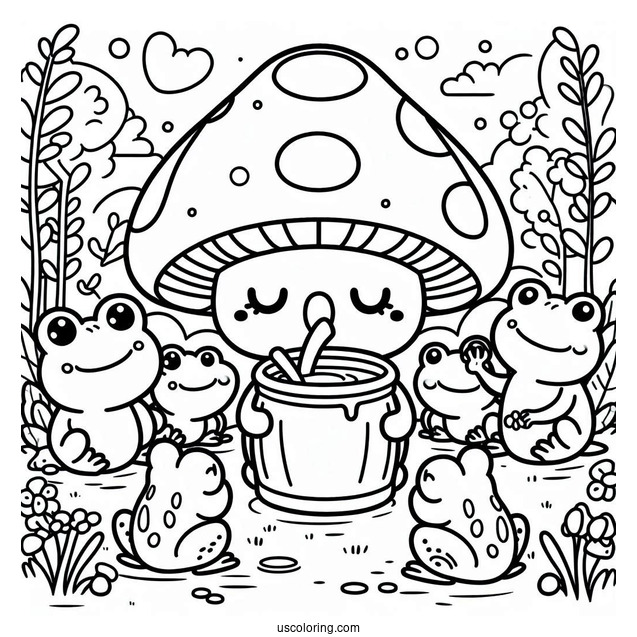 Cute Coloring Page Of Cartoon Mushroom Drinking While Surrounded By Frogs