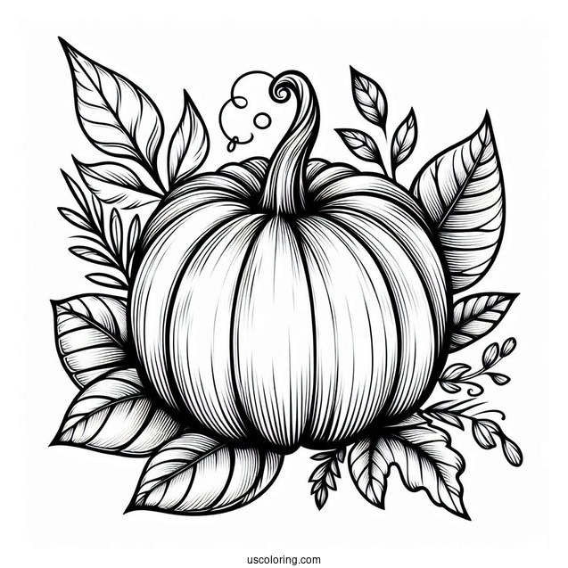 Large Pumpkin Coloring Page With Leaves To Color