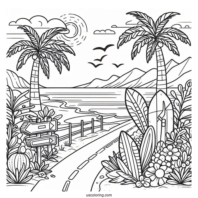Summer Coloring Page Of Beach Scene With Road Sign, Palm Trees, And Surf Board