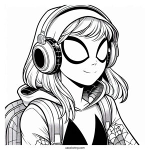Spider-Gwen Coloring Page Wearing Headphones And Backpack